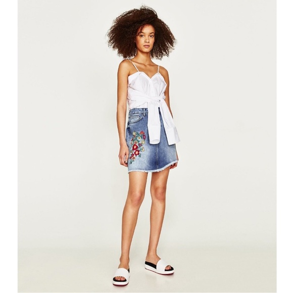 Zara Basic Z1975 Denim Bejeweled Asymmetrical Embroidered Boho Skirt. - Picture 2 of 14